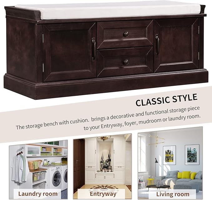 Entryway Storage Bench with Drawers & Cabinets — Cushioned Shoe Storage Bench for Hallway, Mudroom, or Living Room, Solid Wood Frame (Espresso)