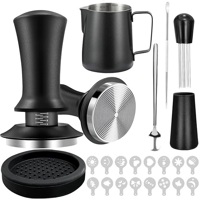 22 PCS Espresso Accessories Kit，53mm Coffee Tamper Set ，Barista Kit - with Frothing Pitcher WDT Tool Stirrer Tamper Mat Coffee Stencils Latte Art Pen