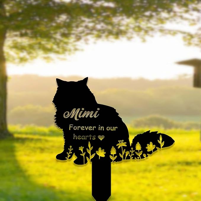 Custom Fluffy Cat Memorial Metal Sign - Long Haired Cat Grave Stake Marker - Personalized Loss of Pet Remembrance Gift