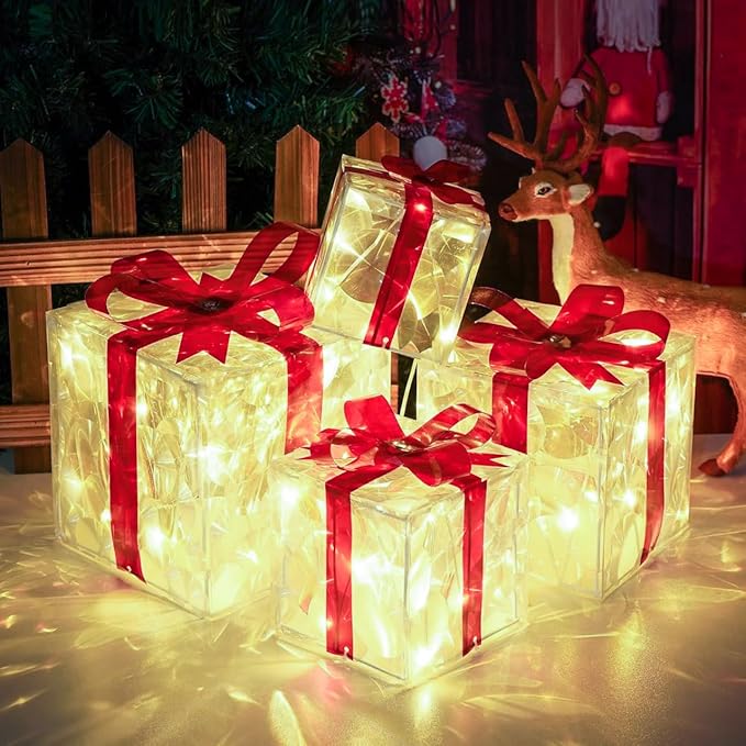 Christmas Lighted Gift Boxes, Pre-lit Lights Gift Boxes Set of 4, Light up Present Boxes Set Battery Operated with Different Sizes for Holiday Indoor Outdoor Decorations(Warm White)