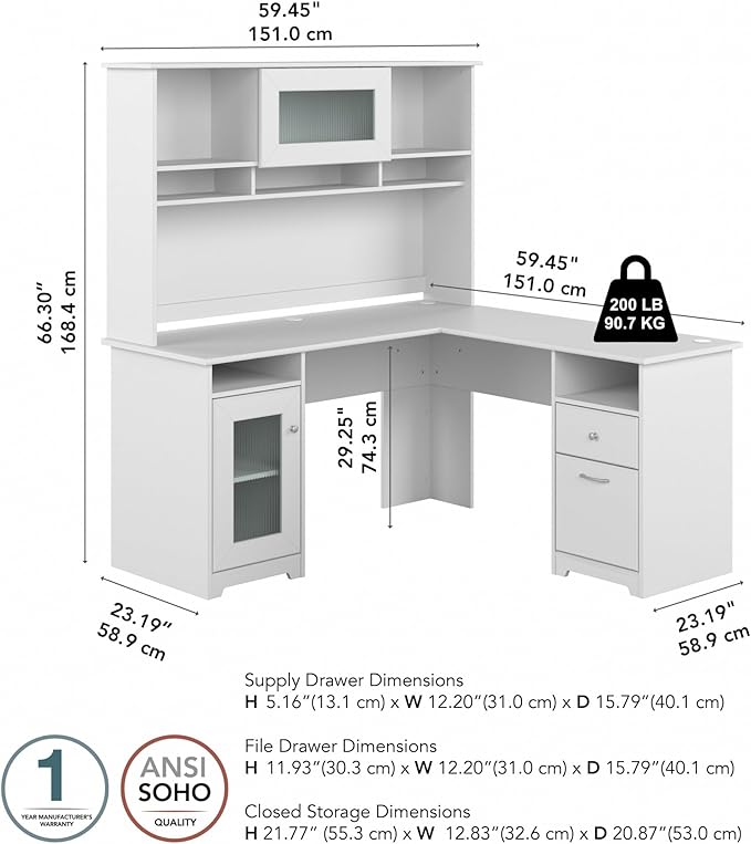 Bush Furniture Cabot L Shaped Desk with Hutch | Corner Desk with Storage for Home Office in White | 60W L Shaped Computer Desk