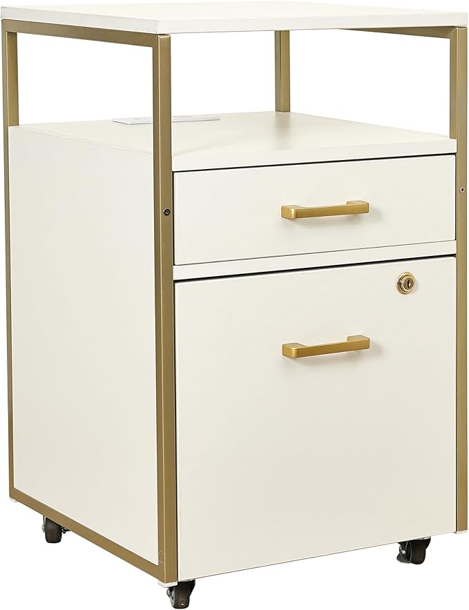 Modern 2-Drawer Rolling File Cabinet with Lock, 2 USB Ports and Power Outlet for Device Charging, Portable File Organizer or Printer Stand for Office or Home with Locking Wheels, White & Gold