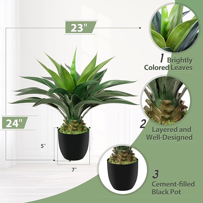 Artificial Agave Plant 2ft - 24" Large Fake Aloe Vera Plants Indoor with Fake Grass - Fake Floor Plant for Front Porch Patio Home Office Door Step Hotel Desert Style Decor 1PCS