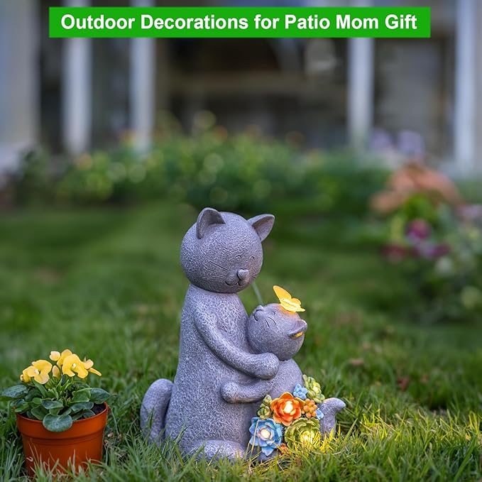 Solar Garden Statues Loving Cat Figurine Lights for Outside, Yard Decorations Outdoor, Garden Decor Unique Mothers Day Birthday Housewarming Gifts for Mom, Women