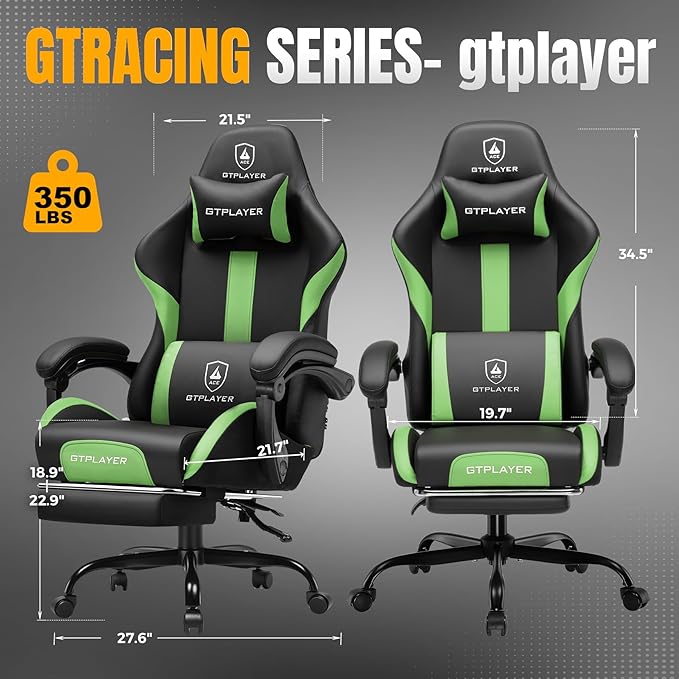 GTRACING Gaming Chair with Foot Rest & Pocket Spring Cushion, Ergonomic High Back Computer Chair with Headrest & 360°-Swivel Seat for Home Office Desk, PU Leather, Vivid Green
