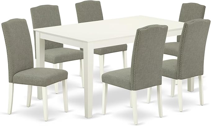 East West Furniture CAEN7-LWH-06 7 Piece Dining Room Furniture Set Consist of a Rectangle Dining Table and 6 Dark Shitake Linen Fabric Parsons Chairs, 36x60 Inch, Linen White