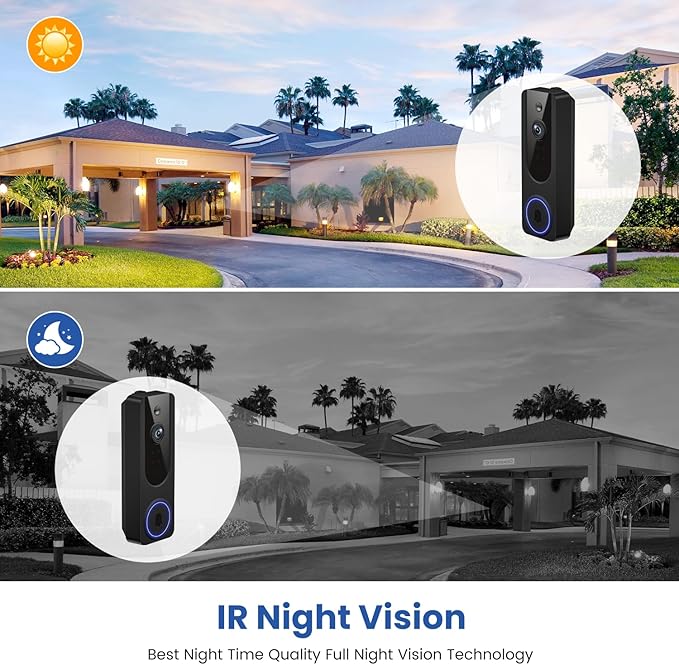 1080p WiFi Video Doorbell Camera Wireless, Battery Powered, AI Human and Motion Detection, 2 Way Talk, Night Vision, Cloud Storage, 2.4G WiFi Only, Indoor/Outdoor Surveillance