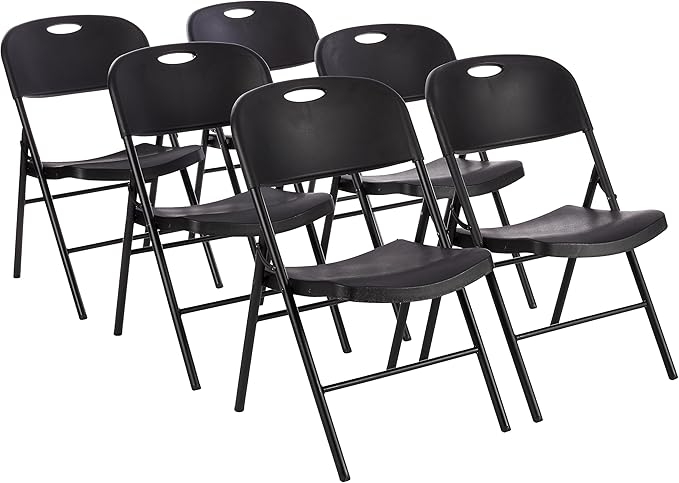 Amazon Basics Sturdy Foldable Plastic Chair, Portable, 350-Pound Capacity, Black, 6-Pack