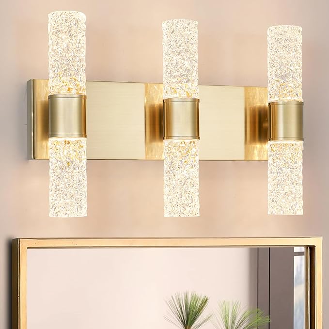 Gold Bathroom Light Fixture, Modern Brushed Vanity Light with, Crystal 6 Light Bathroom Vanity Light Fixtures Over Mirror, 27w LED Hardwired Wall Sconce, Warm White