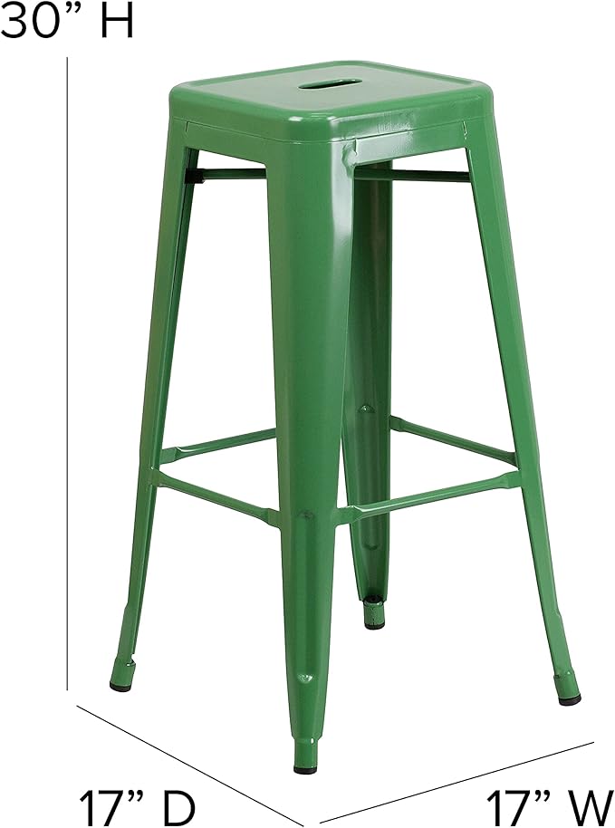 Flash Furniture Lily 4 Pack Commercial Grade 30" High Backless Green Metal Indoor-Outdoor Barstool with Square Seat