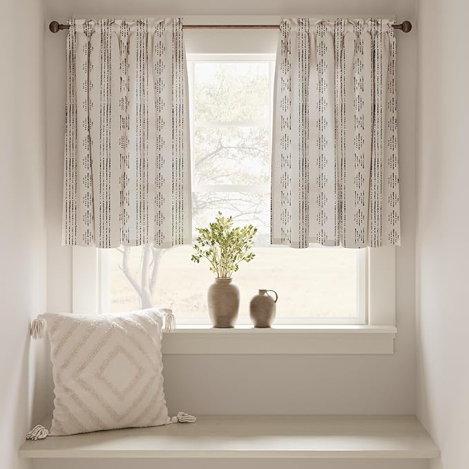 jinchan Boho Kitchen Curtains Linen Tier Curtains 36 Inches Bohemian Cafe Small Drapes Striped Mudcloth Farmhouse for Bathroom RV Camper Light Filtering Rod Pocket 2 Panels Black on Beige