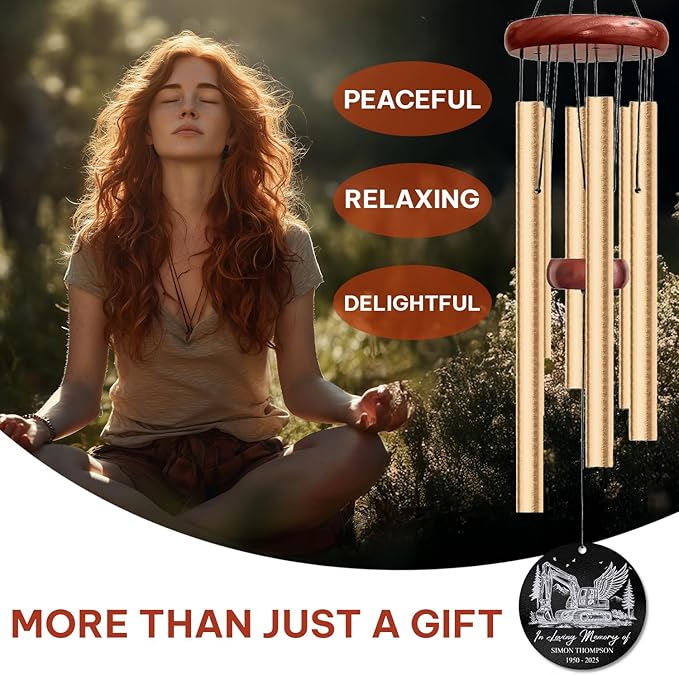 Personalized Excavator Memorial Wind Chime – “in Loving Memory” Custom Engraved Name & Years – Construction Worker Sympathy Gift – Memorial Windchime for Loss of Loved One – Tribute Garden Décor