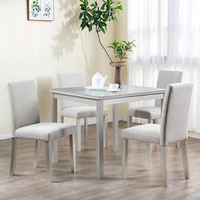 Dining Table Set for 4, 5-Piece Dining Room Table Set with Square Crystal Decoration Table & 4 Upholstered Backrest Chairs, Counter Height Kitchen Sets with Faux Wood Grain Design, Silver Gray
