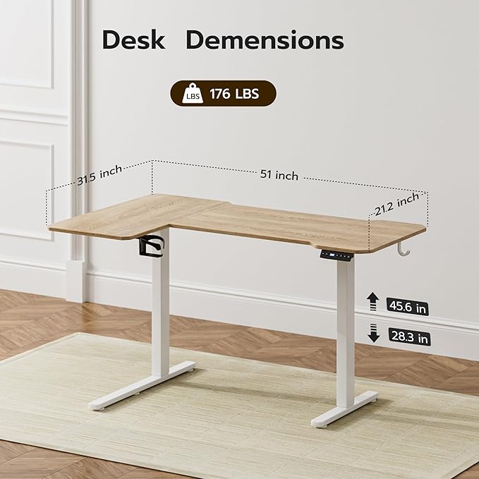 51" Reversiable L-Shaped Electric Standing Desk Adjustable Height Gaming Stand Up Corner Desk Sit Stand Home Office Computer Desk with Splice Board,Black Carbon Top