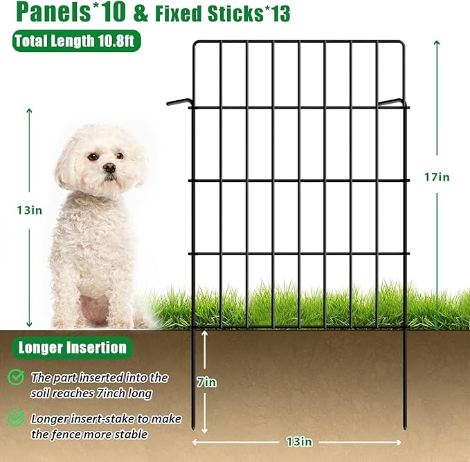 10 Pack Garden Fence Animal Barrier Fencing 1.44 inch Spacing Total 10.8ft (L) x 24in High Rustproof Metal Wire Yard Blocker Dog Fences Border for Outdoor Flower Bed Landscape Fencing Decor Black