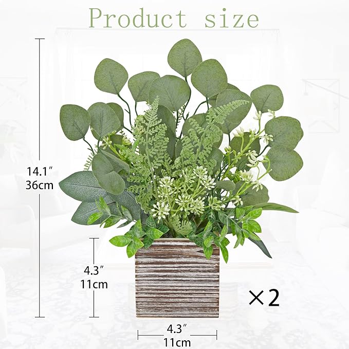 Hollyone 2Pcs Artificial Eucalyptus Plant in Rustic Wood Planter 14" Faux Eucalyptus Fern Greenery Arrangement Potted Plant Centerpiece for Farmhouse Home Indoor Wedding Table Shelf Kitchen Decor