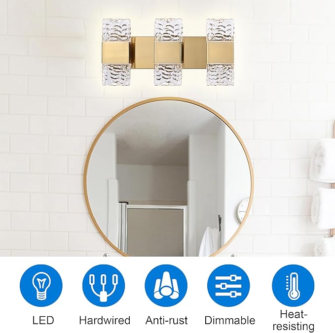 MELUCEE LED Bathroom Vanity Light 24W, 3-Light Modern LED Vanity Light Bar with Crystal Column Brass Bathroom Lights Over Mirror Crystal Wall Sconce Restroom Lighting Fixtures, 3000K Warm Lighting