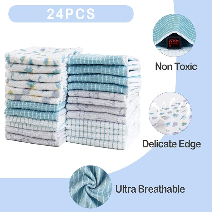 Viviland Baby Washcloths, 24Pack Baby Wash Cloths for Newborn, Baby Towels and Infant Bath Face Washcloths for Boys Girls Super Soft Absorbent, Gentle on Sensitive Skin Body, 9x9 Dinosaur