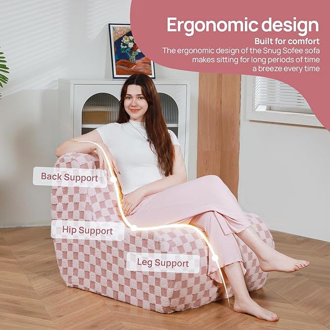 Giant Bean Bag Chair for Adults with Ottoman, Teddy Fabric Beanbag Chair with Memory Foam Filled,Plush Lazy Floor Sofa with Footstool Couch for Living Room,Bedroom,Dorm, Apartment, Pink
