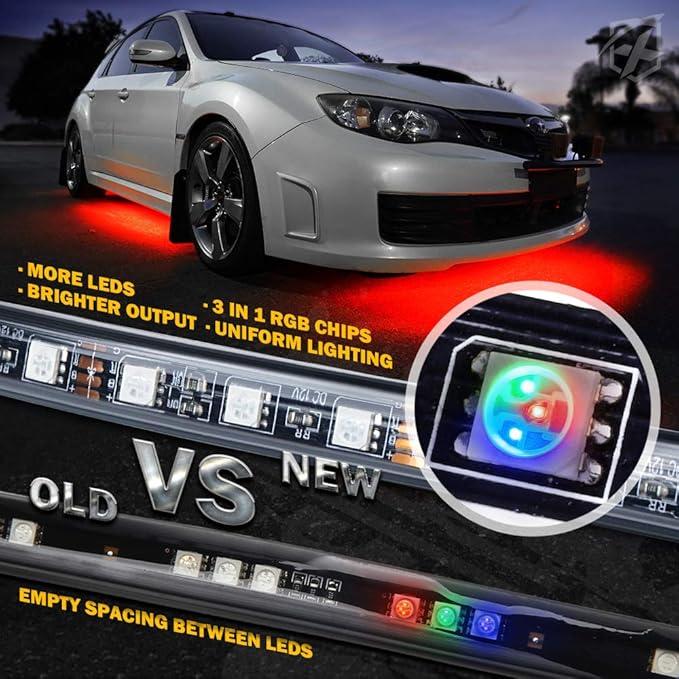 Xprite 4Pcs Underglow LED Lights for Cars, 8 Color RGB 252 LEDs Sound Active Function Music Mode Underglow Kit, Bluetooth APP & Remote Control, Waterproof Underbody Neon Strip Light for Car SUV Truck