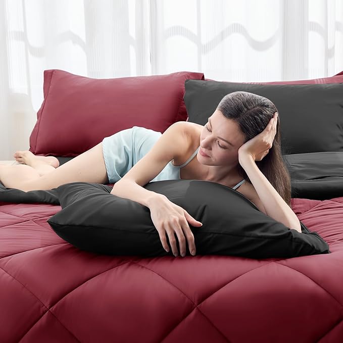 HEVUMYI Red & Black Cali-King Comforter Set - 7-Piece All Season Bed in a Bag Cali-King, Ultra Soft Burgundy Bedding Set with Comforter, Flat Sheet, Fitted Sheet, Pillowcases, Pillow Shams, Burgundy