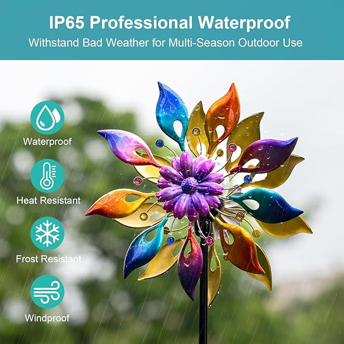 360° Wind Spinners Outdoor with Solar Lights Colored Petals Garden Decor Yard Lawn Art Decor for Patio Kinetic Flower Windmills Unique Gifts for Friends and Family 60.63'' H x 13.38'' Dia
