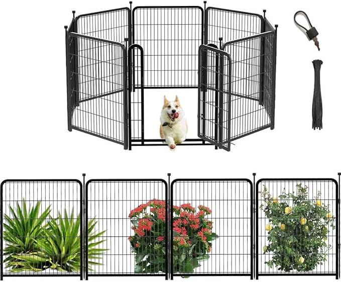 Tall Garden Fence, 32 in(H) 8 Panels Dog Fence Outdoor for Yard. Wide Door Low Threshold Total 17.7 Ft(L), Metal Dog Pen Heavy Duty Pet Puppy Exercise Pen for Rv Camping Garden Yard