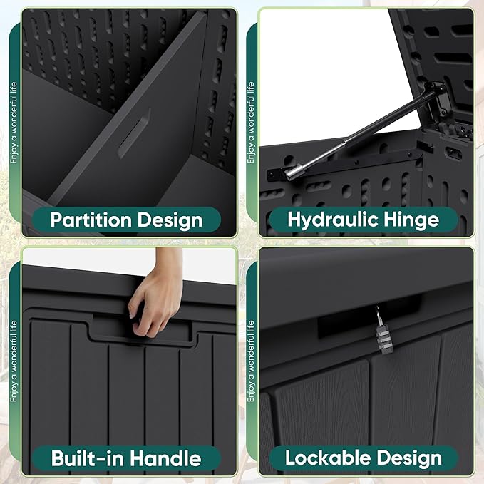 JUMMICO 160 Gallon Resin Outdoor Storage Deck Box with Divider, Waterproof Storage Box&Bench with Lockable Lid for Garden Tools, Pools Supplies (Black)