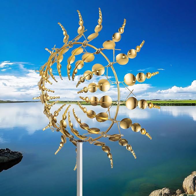 Unique and Magical Metal Windmill, 2Pcs Wind Spinners, 3D Wind Powered Kinetic Sculpture, Stainless Steel Wind Spinners, Wind Mill for Yard and Garden (2PCS-Golden)
