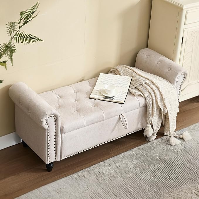 Furniliving 55” End of Bed Bench, Bedroom Bench with Button-Tufted, Large Upholstered Storage Ottoman Entryway Bench with Storage Shoe Cabinet Bench, for Bedroom, Linen, Camel
