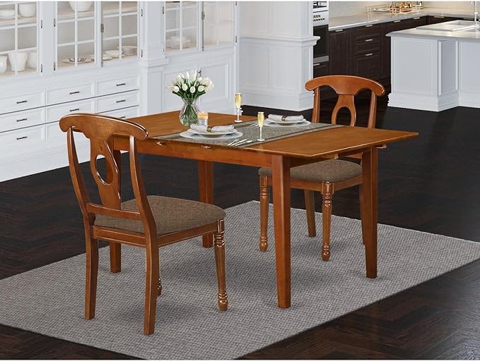 East West Furniture PSNA3-SBR-C 3 Piece Kitchen Table Set Contains a Rectangle Dining Room Table with Butterfly Leaf and 2 Linen Fabric Upholstered Dining Chairs, 32x60 Inch, Saddle Brown
