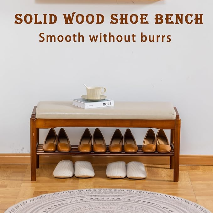 latifolia Small Shoe Bench, Solid Wood Bench with Cushion, 2 Tier Shoe Storage Organizer for Entryway(Walnut,31.50''L)