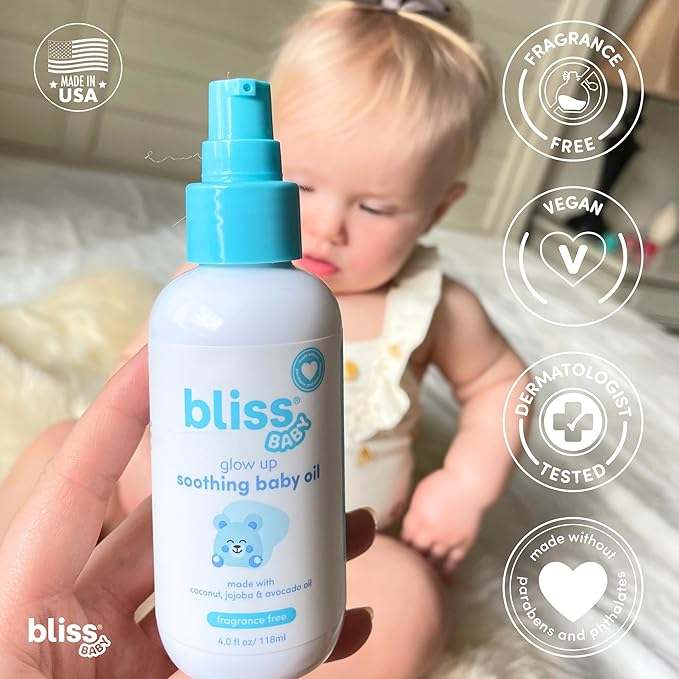 Bliss Baby Oil, All Natural, Premium & Unscented, Vegan - Made with Organic Avocado Oil, Coconut Oil, Dermatologist Tested, Soothing & Hydrating Baby Massage Oil, Travel Size 4 fl. Oz.