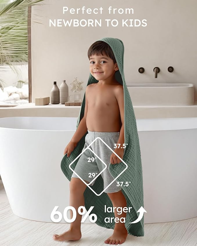 Yoofoss Hooded Baby Towels for Newborn 2 Pack 100% Muslin Organic Cotton Baby Bath Towel with Hood for Babies, Infant, Toddler and Kids,37.5"x37.5",Soft and Absorbent Newborn Essential,Grey&Dark Green