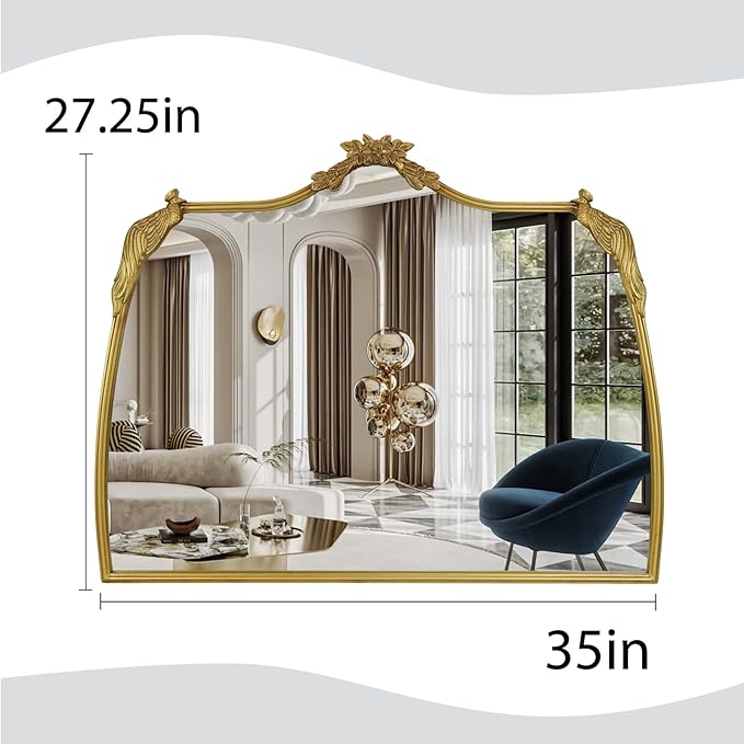 Baroque Mirror with Gold Vintage Decoration, Antique Brass Wall Mounted Mirror for Fireplace/Living Room/Hallway/Bathroom, Retro Palace Style for Decoration
