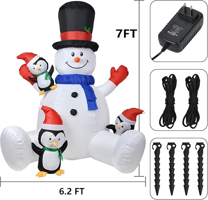 DearHouse 7Ft Lighted Christmas Inflatable Snowman with Three Cute Penguins, Building 3 LED Lights Outdoor Indoor Holiday Decorations Blow up Yard Inflatables Home Decor