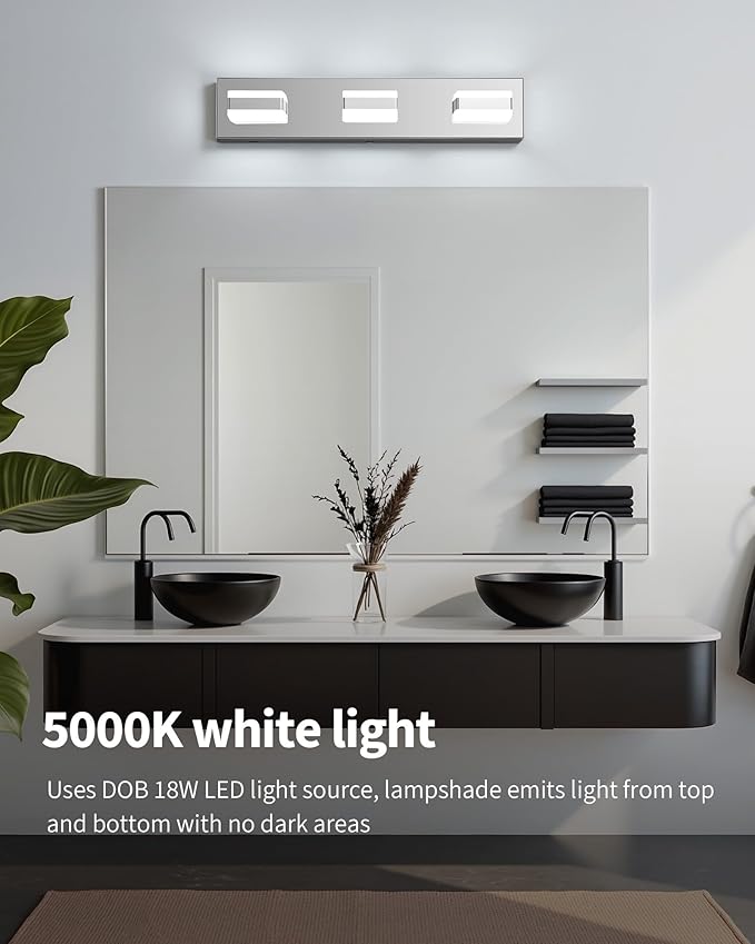Bathroom Lighting Fixtures Over Mirror, 3 Light Bathroom Vanity Light Fixtures with Cool White 5000K, Silver LED Modern Vanity Wall Lights for Bath, Dressing Room, Restroom, 21.6 inch