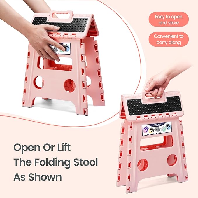 Delxo Folding Step Stool 13 Inch,Non-Slip Foldable Stools for Kids & Adults Up to 300 LBS,Kitchen Collapsible Fold Up Stepping Stool with Dotted 1 Pack,Pink