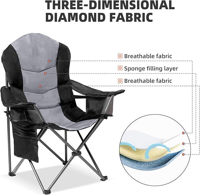 2 Pack Folding Camping Chairs for Adults - High Back Padded Outdoor Lawn Chairs with Lumbar Support & Cup Holder, 400lbs Heavy Duty Portable Camping Chairs Set (Black & Light Gray)