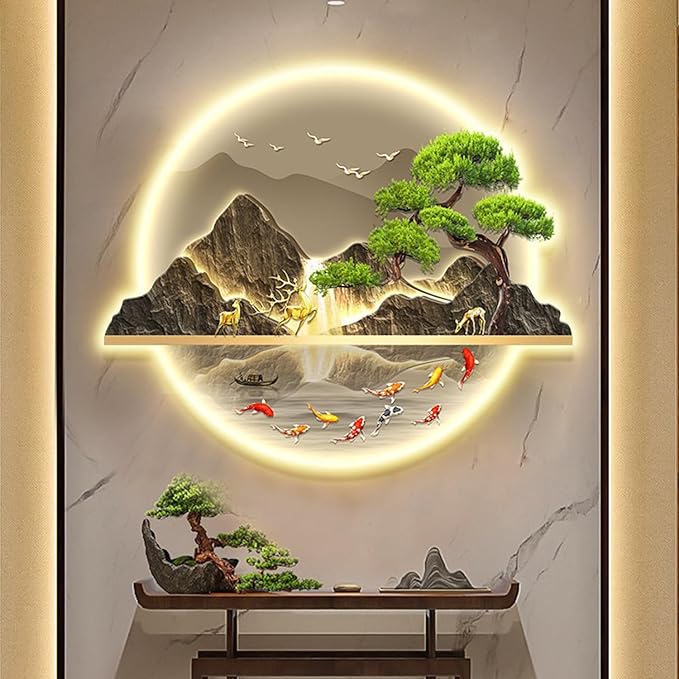 B,60 * 72cm, Mountain Tree Wall Art with Led Light, Zen Wall Art Decor, Luminous Wall Sculptures Painting, for Study Room, Dining Room, Living Room, Tea Room