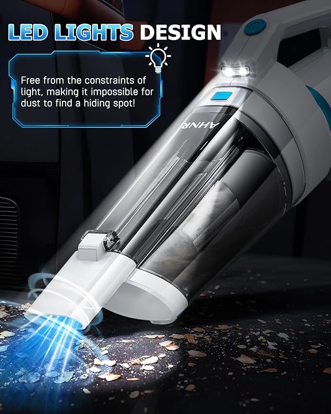 AHNR Handheld Vacuum Cordless, 16000PA Powerful Suction Hand Held Vacuum Dust Busters Cordless Rechargeable with LED Light & 2 HEPA Filters, Portable Car Vacuum Cleaner High Power for Car Home Office