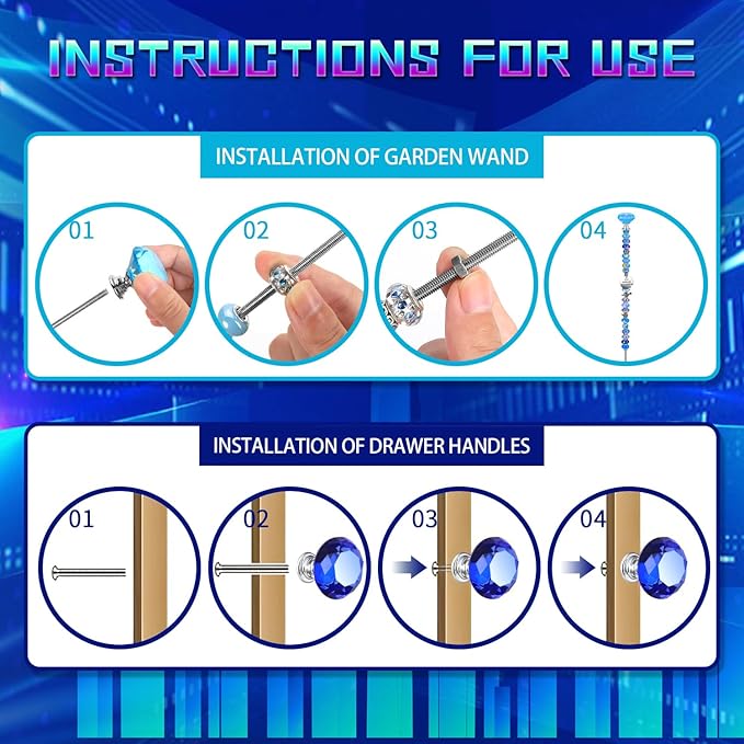 DIY Fairy Wand Garden Beads Stakes Wands Kit,Multiple Color Scheme European Beads Crystal Diamond Tops and 12 or 10 Inch Threaded Rods,Stainless Steel Stakes with Diamond Toppe(Purple+Aqua+Sapphire)