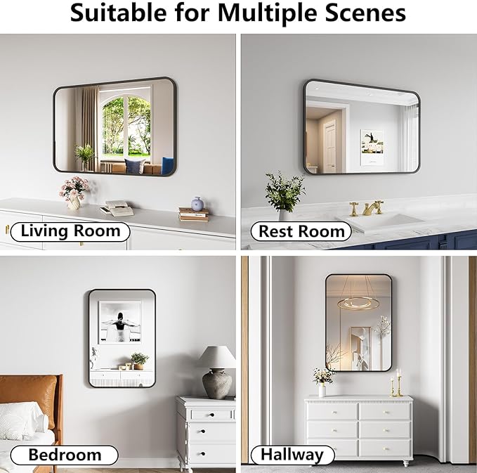 Bathroom Mirror, 26X38 Inch Black Metal Framed Mirror for Bathroom, Tempered Glass, Anti-Rust, Rounded Rectangle Mirror for Restroom, Bedroom, Black