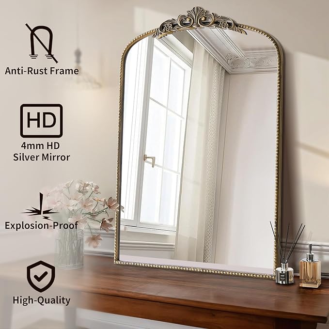 Micasso Antique Gold Ornate Mirror, 24 x 36 Inches Arched Baroque Style Mantel Wall Mirror for Bathroom, Vanity, Living Room