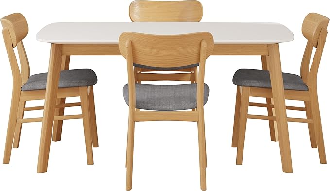 Merax 5-Piece Dining Set, Solild Wood Table & Chairs with Backrests for 4, Farmhouse Natural Kitchen Furniture for Home, Dining Room, Natural Oak+Gray