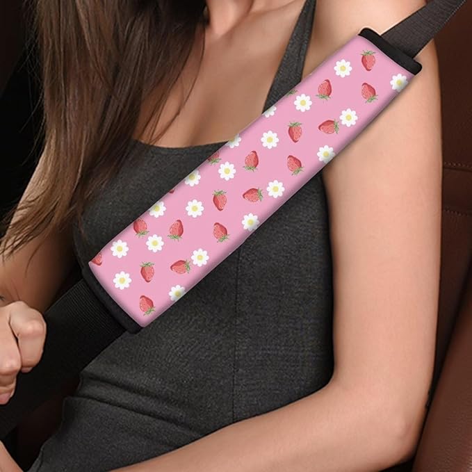 UNICEU Pink Strawberry Printed Neoprene Car Seatbelt Cushion Coversfor Women,Strawberry Car Accessories Seat Belt Covers Shoulder Pads Seatbelt Strap Cover