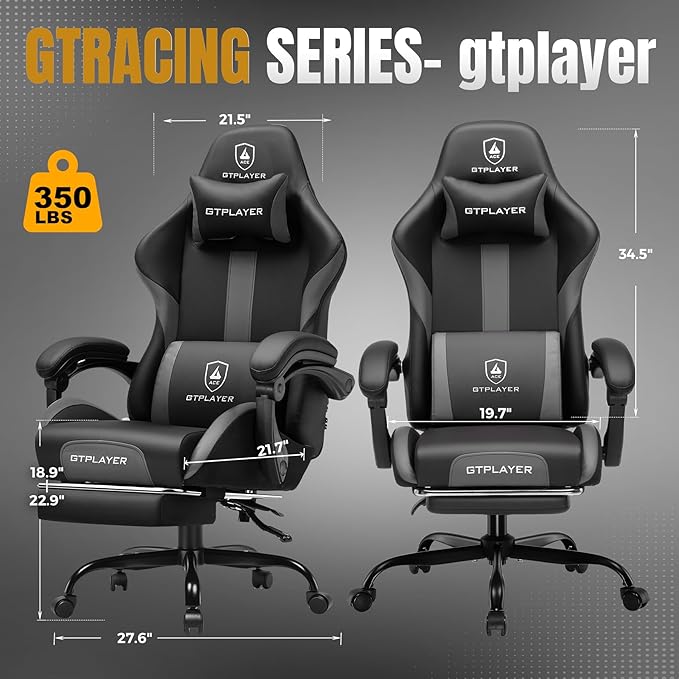 GTRACING Gaming Chair with Foot Rest & Pocket Spring Cushion, Ergonomic High Back Computer Chair with Headrest & 360°-Swivel Seat for Home Office Desk, PU Leather, Dark Gray