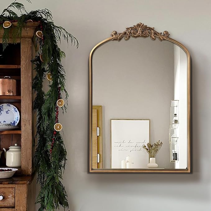 WAMIRRO Antique Mirror,Gold Traditional Vintage Ornate Baroque Arched Brass Mirrors Entryway/Fireplace/Living Room/Hallway/Bathroom 24"X36"
