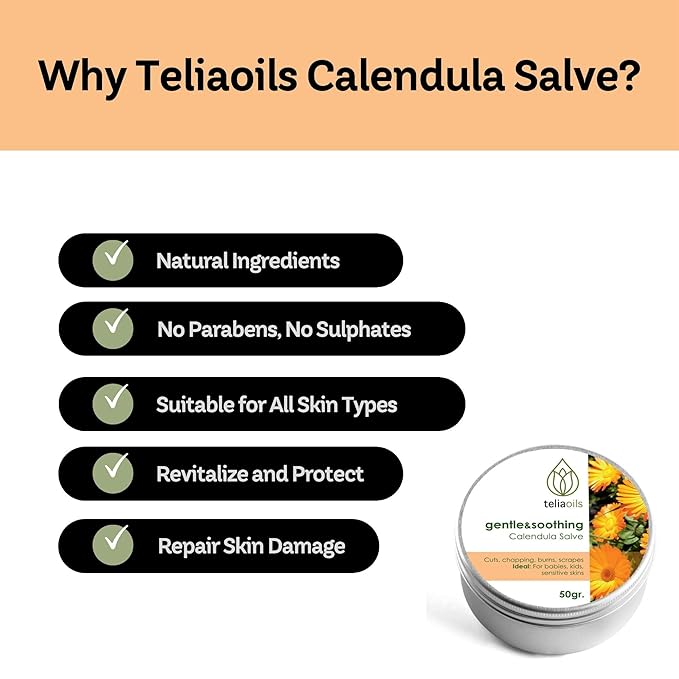 Teliaoils Calendula Salve (Marigold) For Baby Skin and Facial Use. Soothing Herbal Cream for Rashes, Irritated Skin, Dry Skin and Chapped Skin 50 Ml / 1.7 Oz
