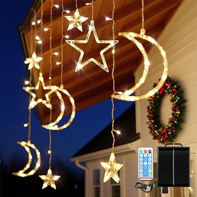 Moon Stars Solar String Lights for Outdoor, Christmas Decorations Curtain Lights with Remote Control and USB Backup Charger, Automatic ON-Off, IP65 Waterproof, Warm Yellow